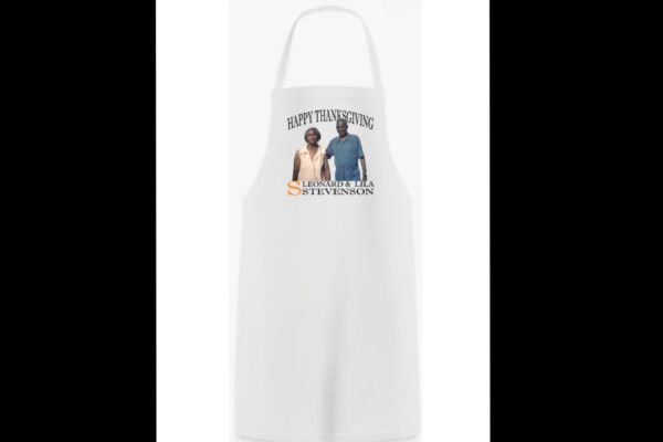 White Apron with Leonard and Lila Image - Orange S